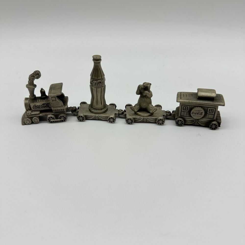 Vintage Coca-Cola Mini Pewter Train 4-Piece - Engine, Bear Cars, & Caboose 1995